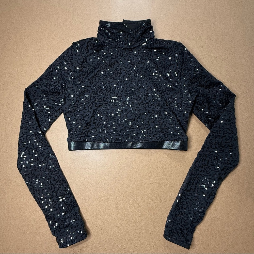 Black Sequin Crop Top Long Sleeve High Neck Festival Rave Small